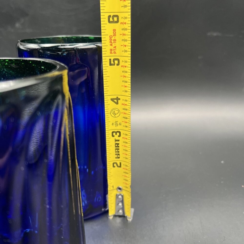 Set Of 3 Hand Blown Mexican Glasses Cobalt Blue Swirl Green Rim ~5" - Picture 3 of 14